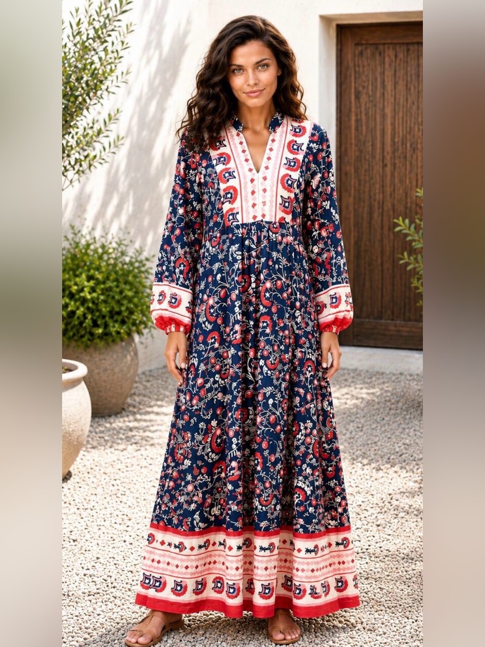 Umgee Boho Floral Border Print Maxi Dress L Long Sleeve Tassel Tie NWOT